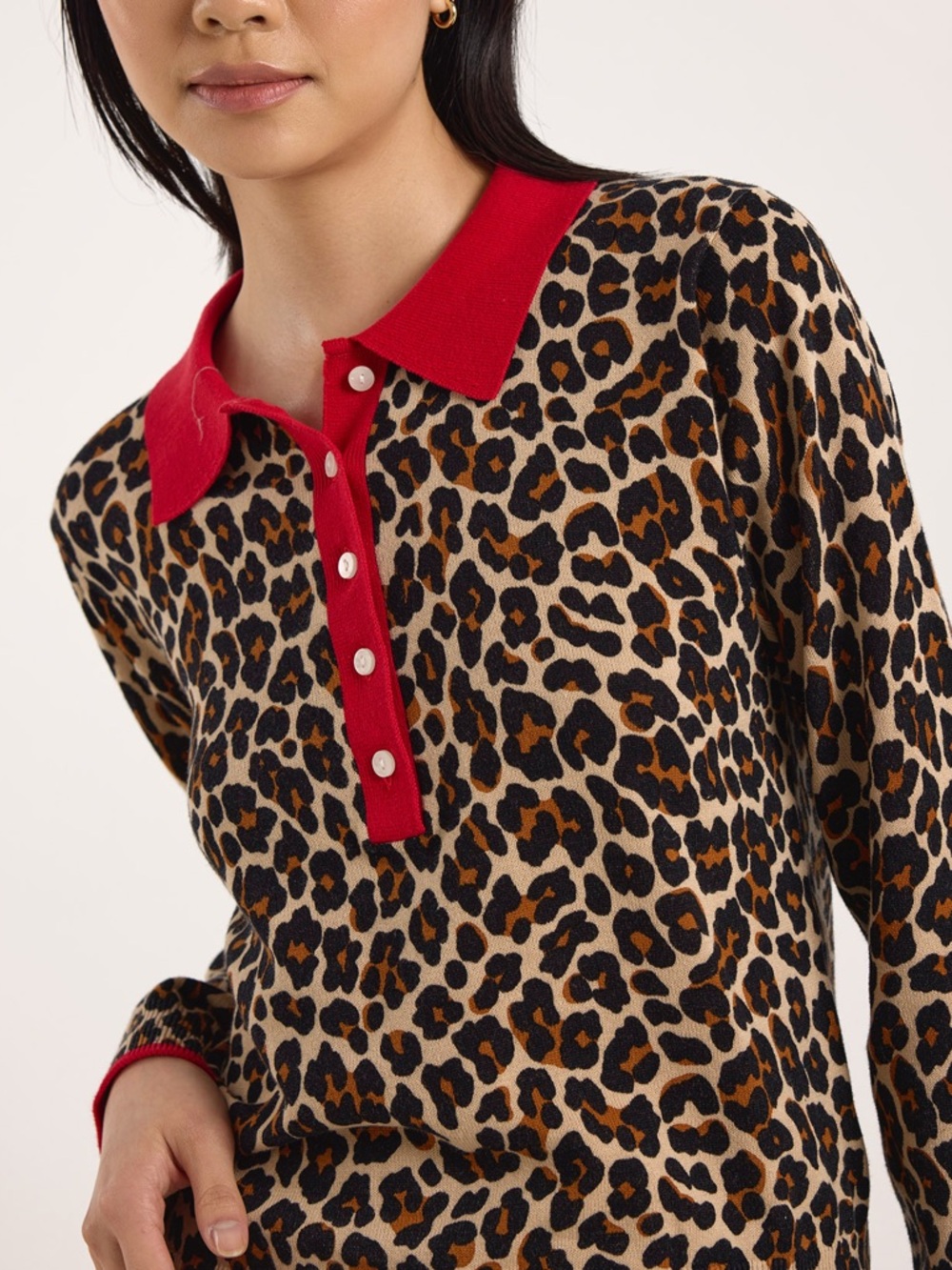 Leopard Print Polo Sweater with Red Trim - Picture 2 of 11